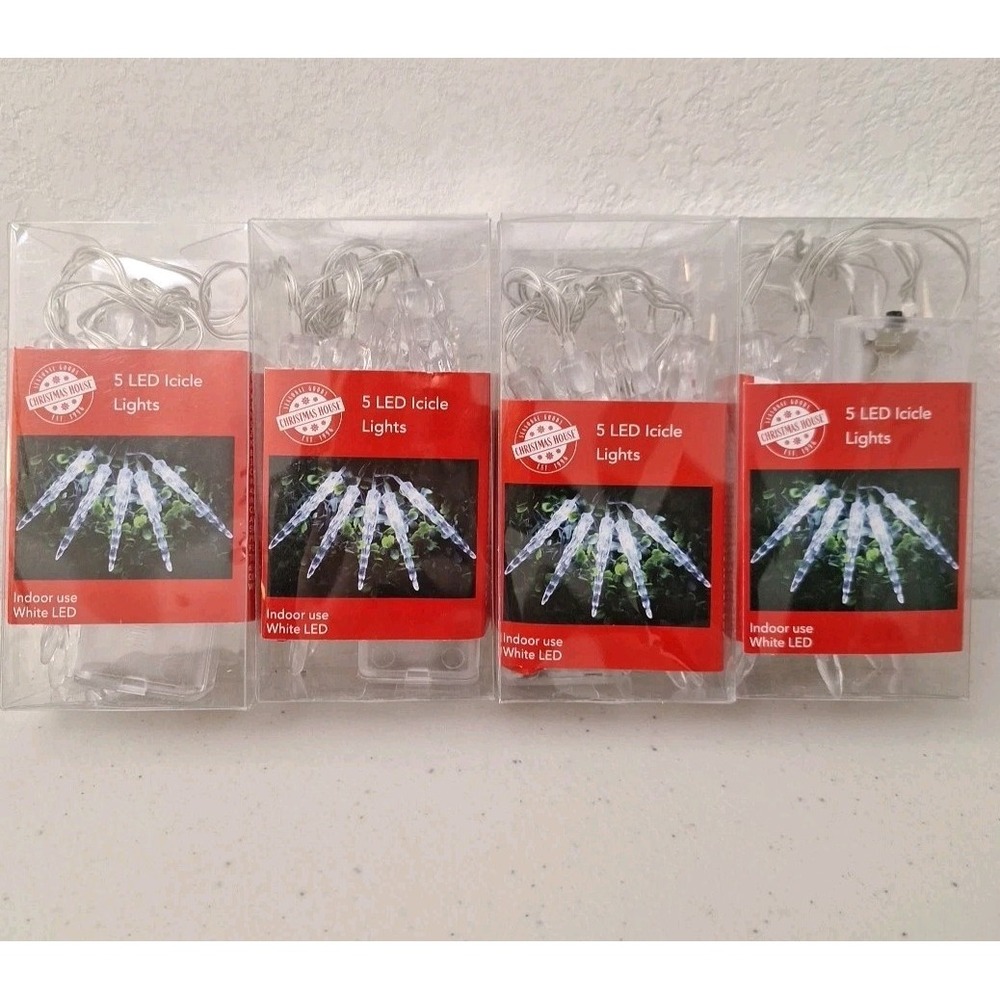 4 X Christmas House 5-Ct. Ea. LED Icicle String Lights - Indoor White LED NEW